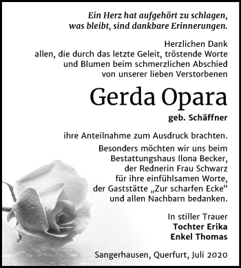 Traueranzeige von Gerda Opara von Mitteldeutsche Zeitung Sangerhausen