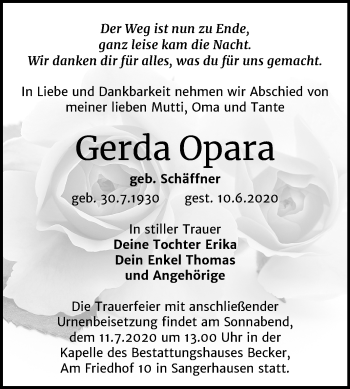 Traueranzeige von Gerda Opara von Mitteldeutsche Zeitung Sangerhausen