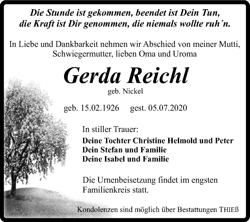  Traueranzeige für Gerda Reichl vom 11.07.2020 aus Mitteldeutsche Zeitung Quedlinburg