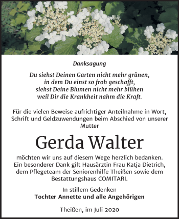 Traueranzeige von Gerda Walter von Super Sonntag Zeitz