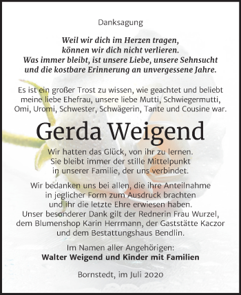 Traueranzeige von Gerda Weigend von Wochenspiegel Mansfelder Land