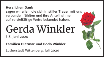 Traueranzeige von Gerda Winkler von Super Sonntag Wittenberg