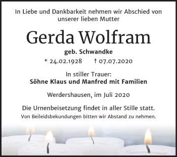 Traueranzeige von Gerda Wolfram von Super Sonntag Köthen