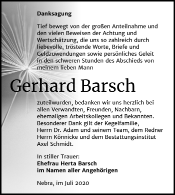Traueranzeige von Gerhard Barsch von Wochenspiegel Naumburg/Nebra