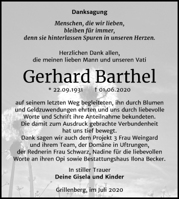 Traueranzeige von Gerhard Barthel von Super Sonntag Sangerhausen