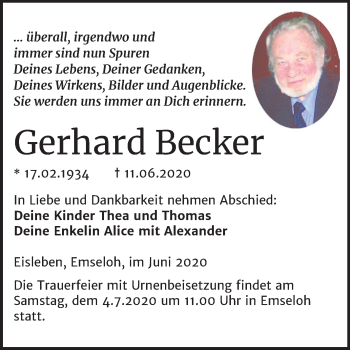Traueranzeige von Gerhard Becker von Wochenspiegel Mansfelder Land / Sangerhausen