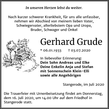 Traueranzeige von Gerhard Grude von Mitteldeutsche Zeitung Mansfelder Land