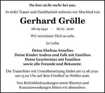 Traueranzeige von Gerhard Grölle von Mitteldeutsche Zeitung Bitterfeld