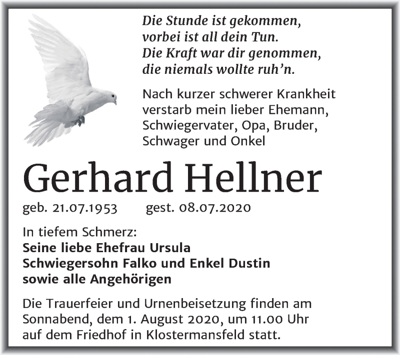 Traueranzeige für Gerhard Hellner vom 25.07.2020 aus Super Sonntag Mansfelder Land