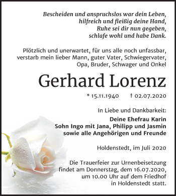 Traueranzeige von Gerhard Lorenz von Super Sonntag Sangerhausen