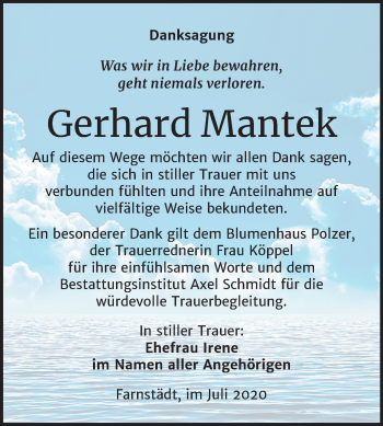 Traueranzeige von Gerhard Mantek von Wochenspiegel Merseburg/Querfurt