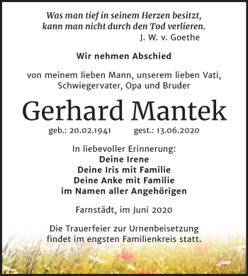 Traueranzeige von Gerhard Mantek von Wochenspiegel Merseburg/Querfurt