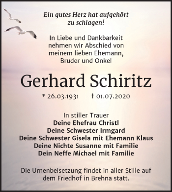 Traueranzeige von Gerhard Schiritz von Mitteldeutsche Zeitung Bitterfeld