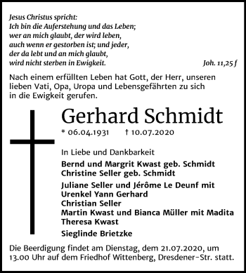 Traueranzeige von Gerhard Schmidt von Mitteldeutsche Zeitung Wittenberg
