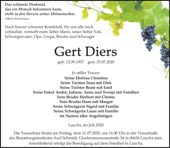 Traueranzeige von Gert Diers von Mitteldeutsche Zeitung Naumburg/Nebra
