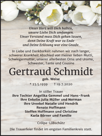 Traueranzeige von Gertraud Schmidt von Wochenspiegel Naumburg/Nebra