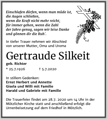 Traueranzeige von Gertraude Silkeit von Mitteldeutsche Zeitung Halle/Saalkreis