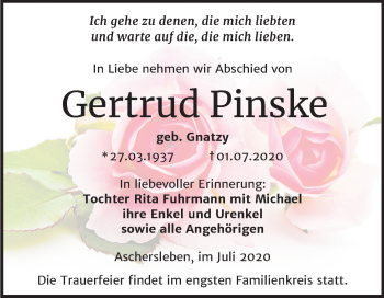 Traueranzeige von Gertrud Pinske von Wochenspiegel Aschersleben