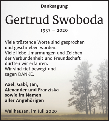 Traueranzeige von Gertrud Swoboda von Super Sonntag Mansfelder Land