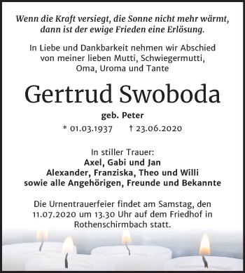 Traueranzeige von Gertrud Swoboda von Super Sonntag Mansfelder Land