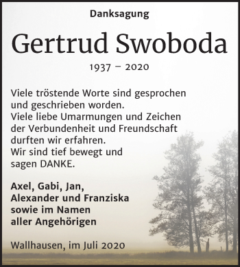 Traueranzeige von Gertrud Swoboda von Mitteldeutsche Zeitung Mansfelder Land