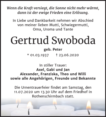 Traueranzeige von Gertrud Swoboda von Mitteldeutsche Zeitung Mansfelder Land