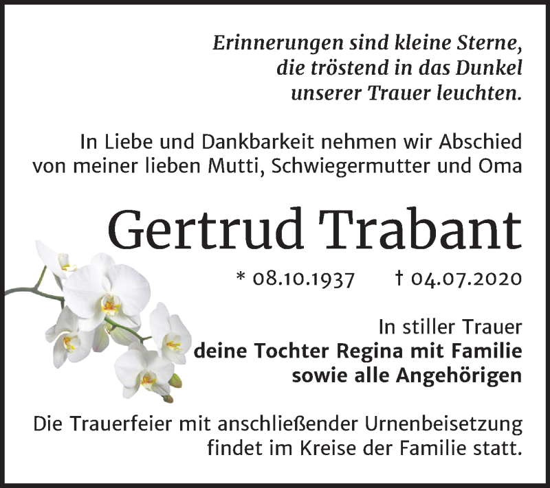  Traueranzeige für Gertrud Trabant vom 11.07.2020 aus Mitteldeutsche Zeitung Bernburg