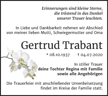 Traueranzeige von Gertrud Trabant von Super Sonntag Bernburg