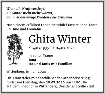 Traueranzeige von Ghita Winter von Mitteldeutsche Zeitung Wittenberg