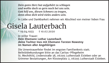 Traueranzeige von Gisela Lauterbach von Mitteldeutsche Zeitung Mansfelder Land
