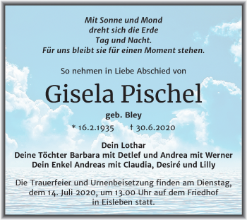 Traueranzeige von Gisela Pischel von Wochenspiegel Mansfelder Land