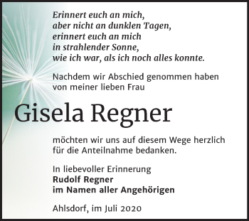 Traueranzeige von Gisela Regner von Mitteldeutsche Zeitung Mansfelder Land