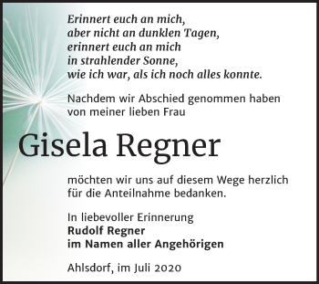 Traueranzeige von Gisela Regner von Wochenspiegel Mansfelder Land