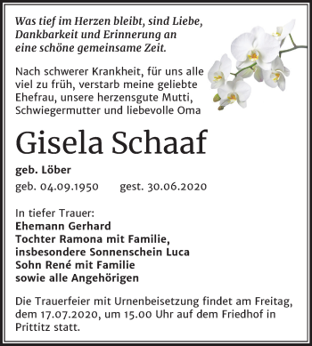 Traueranzeige von Gisela Schaaf von Mitteldeutsche Zeitung Weißenfels