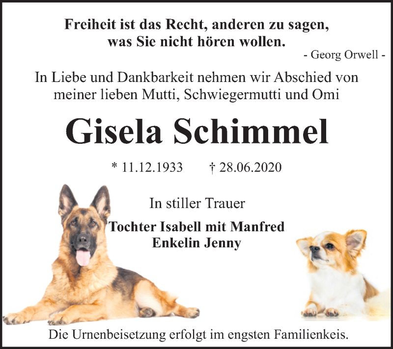  Traueranzeige für Gisela Schimmel vom 11.07.2020 aus Mitteldeutsche Zeitung Dessau-Roßlau