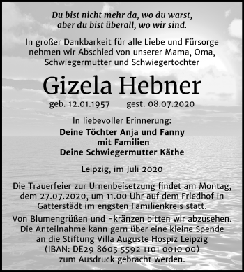Traueranzeige von Gizela Hebner von Wochenspiegel Merseburg/Querfurt