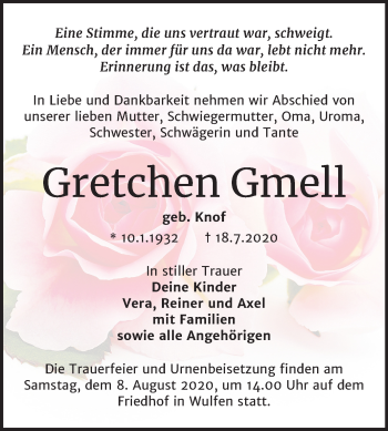 Traueranzeige von Gretchen Gmell von Mitteldeutsche Zeitung Köthen