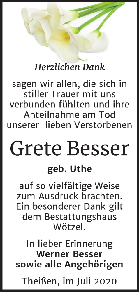  Traueranzeige für Grete Besser vom 04.07.2020 aus Mitteldeutsche Zeitung Zeitz