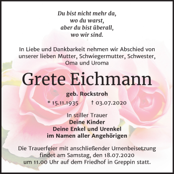 Traueranzeige von Grete Eichmann von Wochenspiegel Bitterfeld