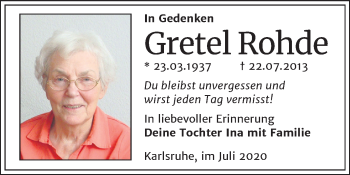 Traueranzeige von Gretel Rohde von Mitteldeutsche Zeitung Bitterfeld