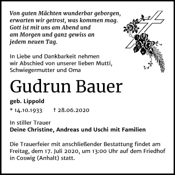 Traueranzeige von Gudrun Bauer von Super Sonntag Wittenberg