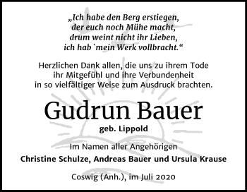 Traueranzeige von Gudrun Bauer von Mitteldeutsche Zeitung Wittenberg