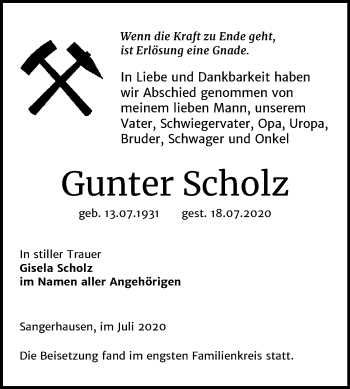 Traueranzeige von Gunter Scholz von Mitteldeutsche Zeitung Sangerhausen