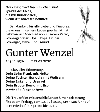 Traueranzeige von Gunter Wenzel von Mitteldeutsche Zeitung Quedlinburg