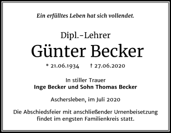 Traueranzeige von Günter Becker von Super Sonntag Aschersleben