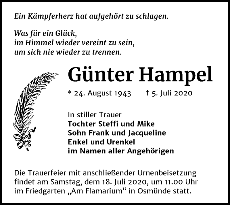  Traueranzeige für Günter Hampel vom 11.07.2020 aus Mitteldeutsche Zeitung Halle/Saalkreis