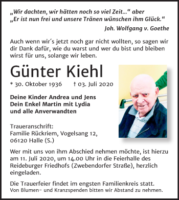 Traueranzeige von Günter Kiehl von Mitteldeutsche Zeitung Halle/Saalkreis