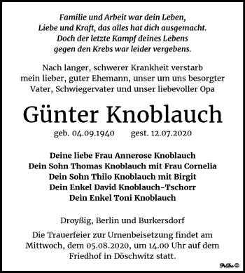 Traueranzeige von Günter Knoblauch von Super Sonntag Zeitz