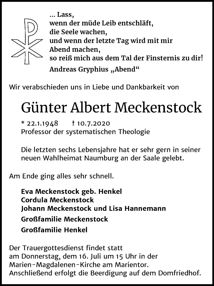  Traueranzeige für Günter Albert Meckenstock vom 14.07.2020 aus Mitteldeutsche Zeitung Naumburg/Nebra