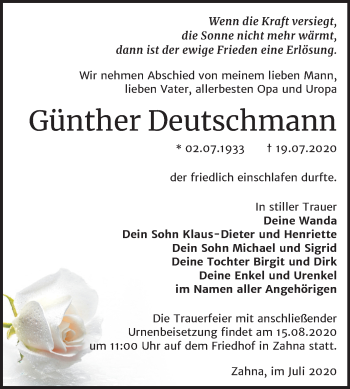 Traueranzeige von Günther Deutschmann von Mitteldeutsche Zeitung Wittenberg
